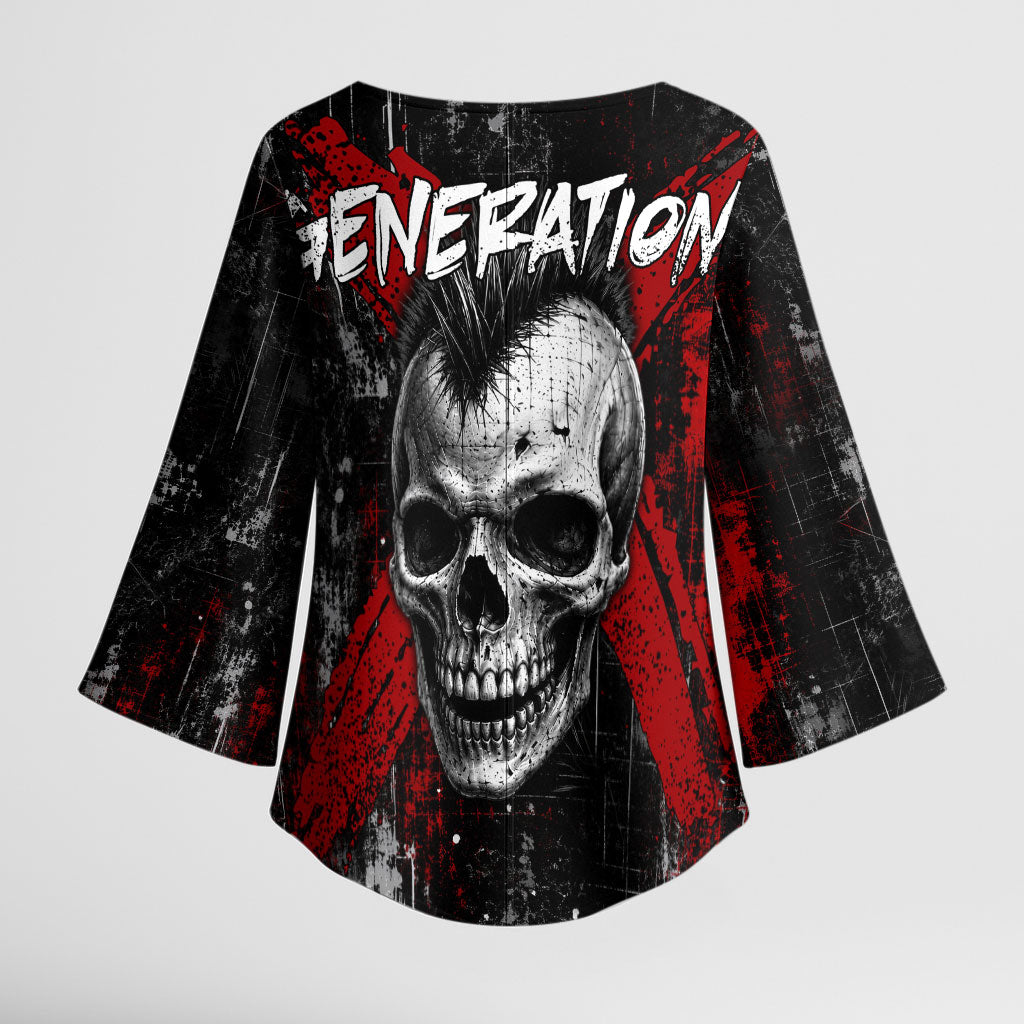 Generation X Mohawk Skull Kimono Sleeve Blouse Distressed Punk Rock Grunge