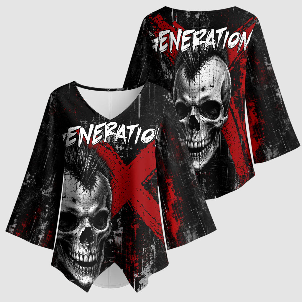 Generation X Mohawk Skull Kimono Sleeve Blouse Distressed Punk Rock Grunge