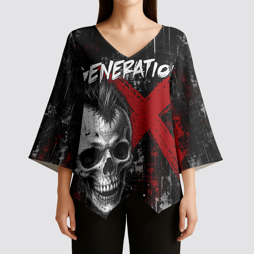 Generation X Mohawk Skull Kimono Sleeve Blouse Distressed Punk Rock Grunge