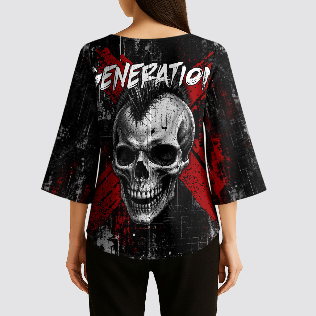 Generation X Mohawk Skull Kimono Sleeve Blouse Distressed Punk Rock Grunge
