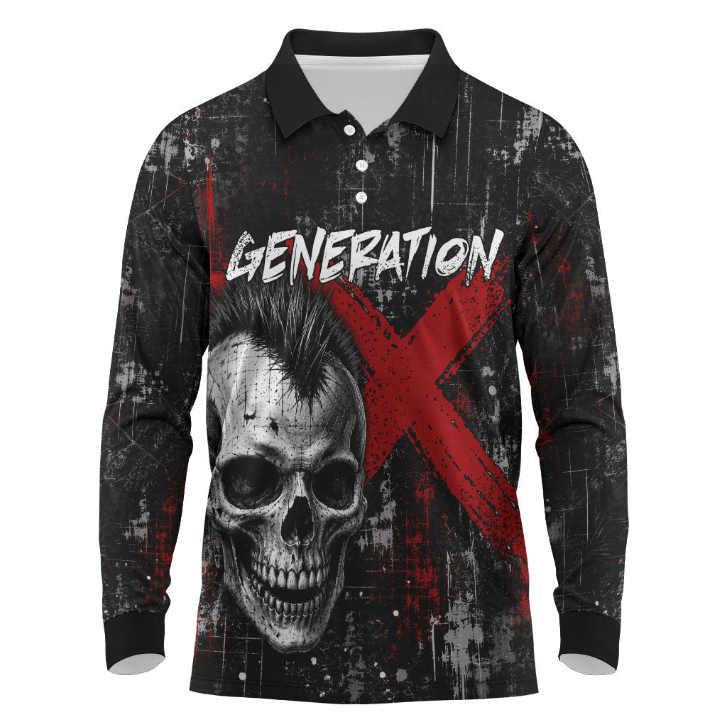 Generation X Mohawk Skull Long Sleeve Polo Shirt Distressed Punk Rock Grunge
