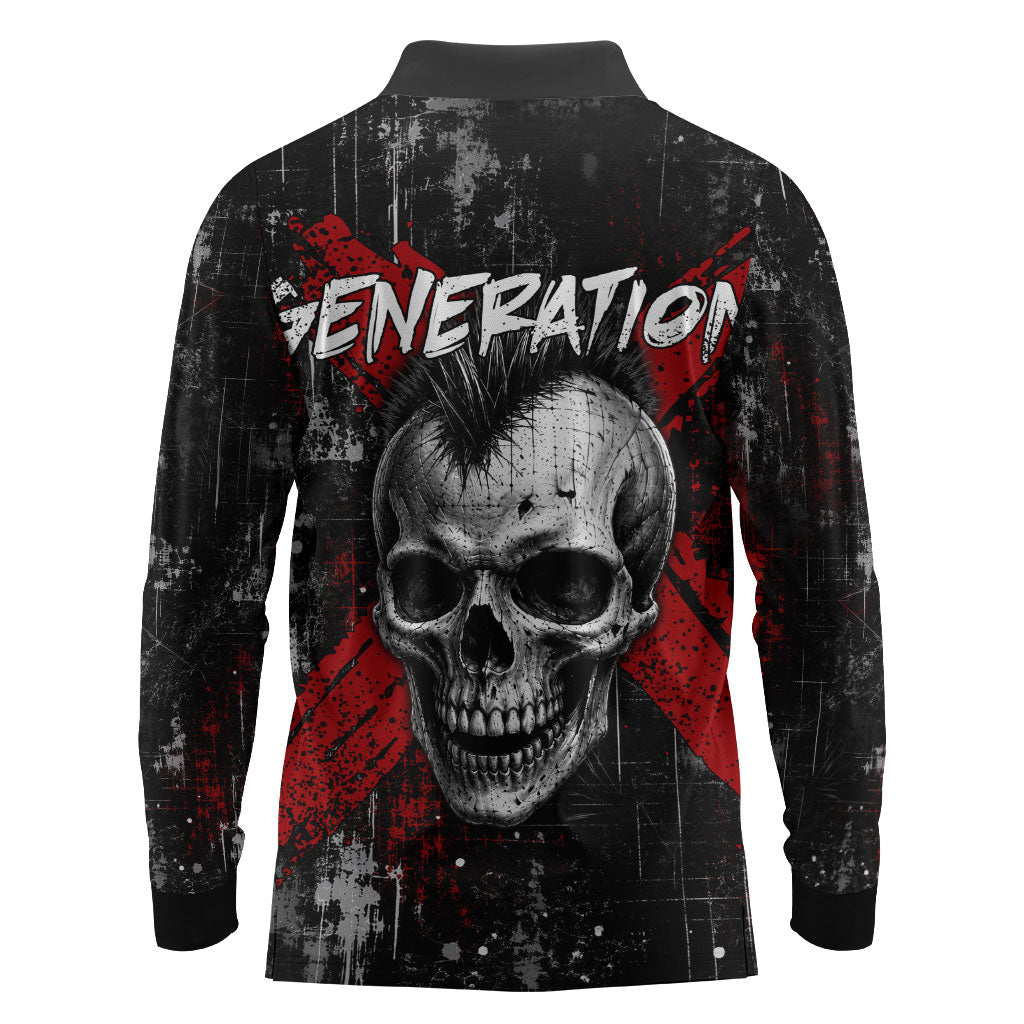 Generation X Mohawk Skull Long Sleeve Polo Shirt Distressed Punk Rock Grunge