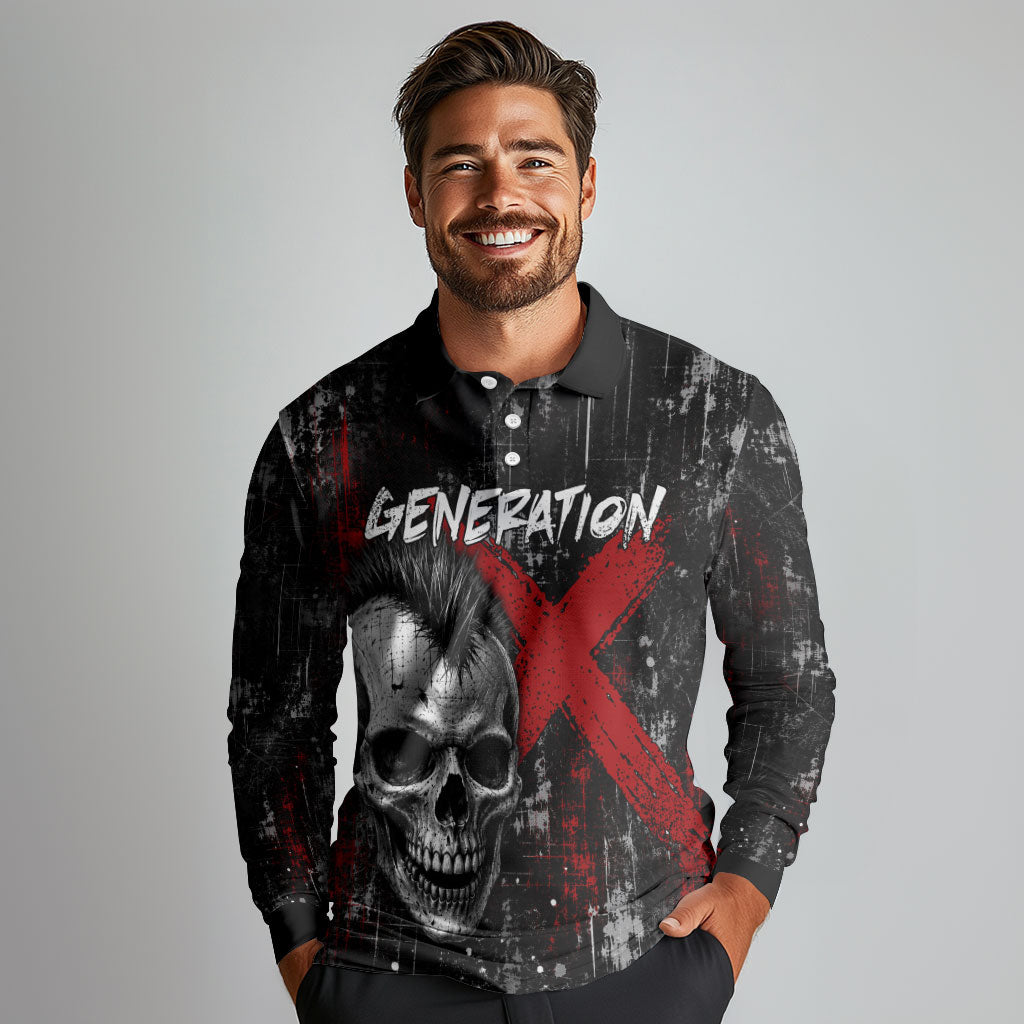 Generation X Mohawk Skull Long Sleeve Polo Shirt Distressed Punk Rock Grunge