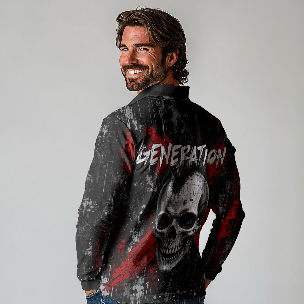 Generation X Mohawk Skull Long Sleeve Polo Shirt Distressed Punk Rock Grunge