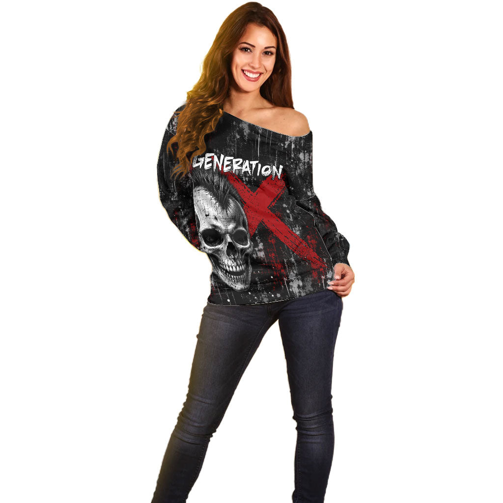 Generation X Mohawk Skull Off Shoulder Sweater Distressed Punk Rock Grunge