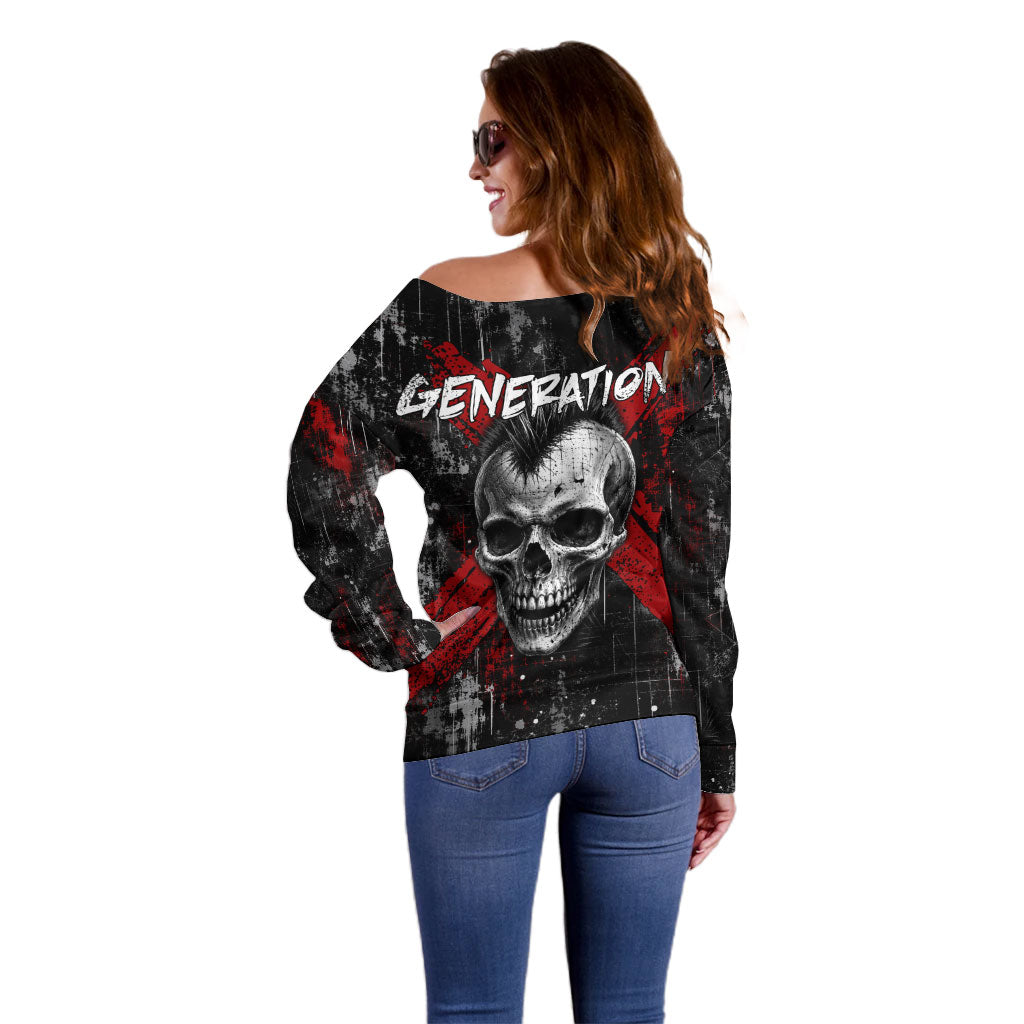 Generation X Mohawk Skull Off Shoulder Sweater Distressed Punk Rock Grunge