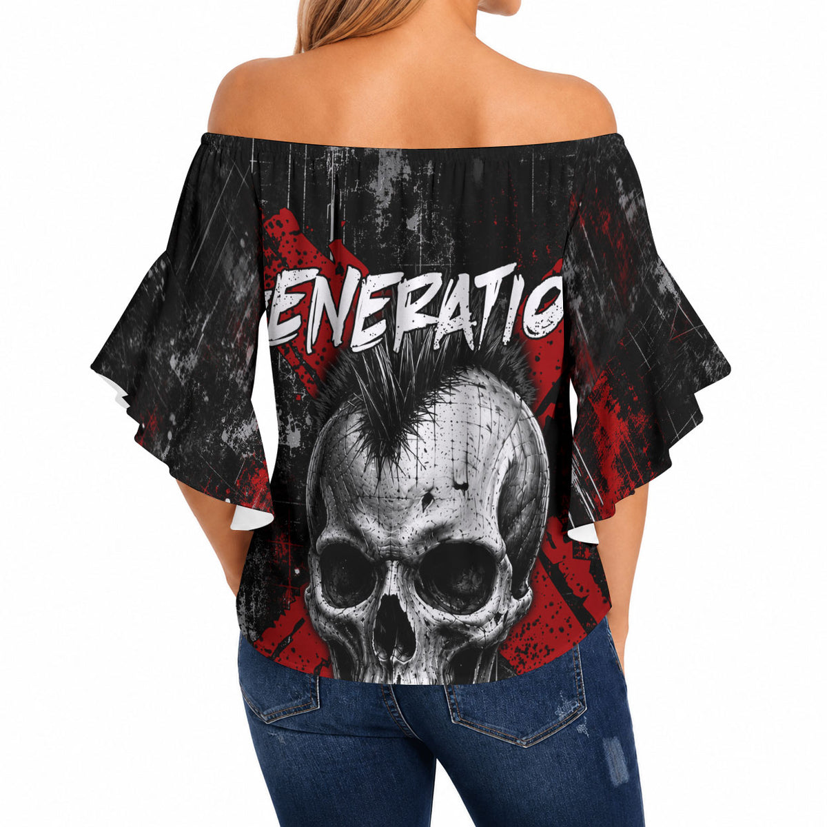 Generation X Mohawk Skull Off Shoulder Wrap Waist Top Distressed Punk Rock Grunge