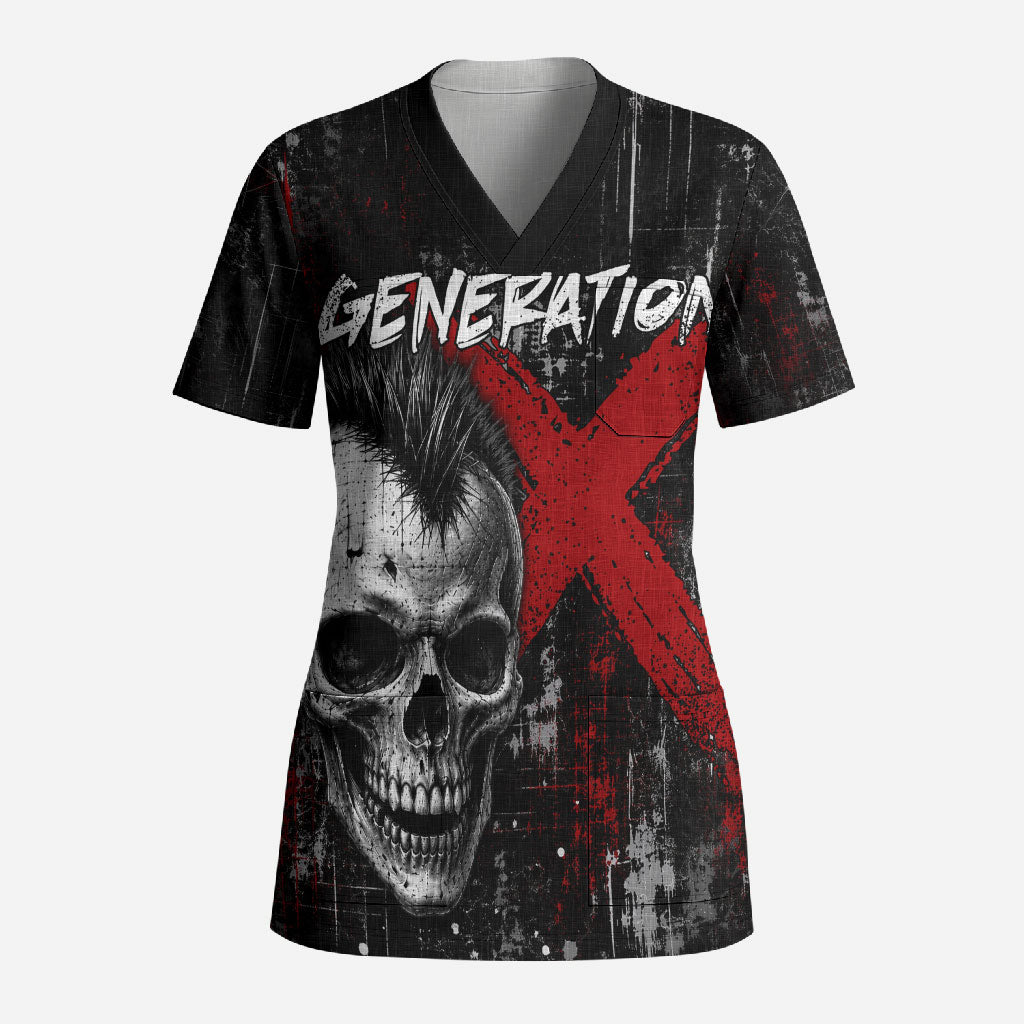 Generation X Mohawk Skull Scrub Top Distressed Punk Rock Grunge