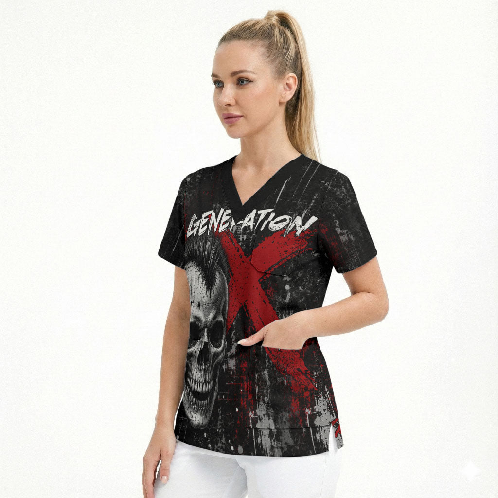 Generation X Mohawk Skull Scrub Top Distressed Punk Rock Grunge