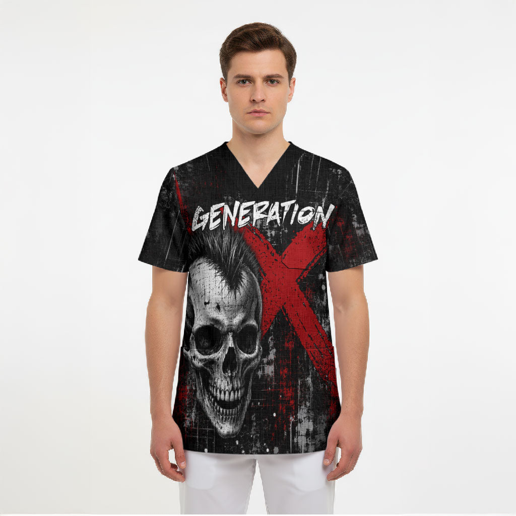 Generation X Mohawk Skull Scrub Top Distressed Punk Rock Grunge