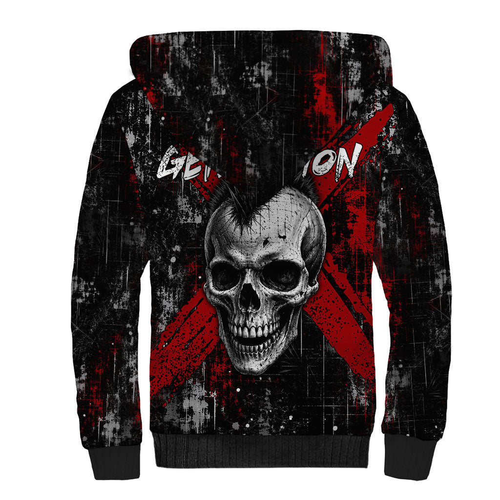 Generation X Mohawk Skull Sherpa Hoodie Distressed Punk Rock Grunge