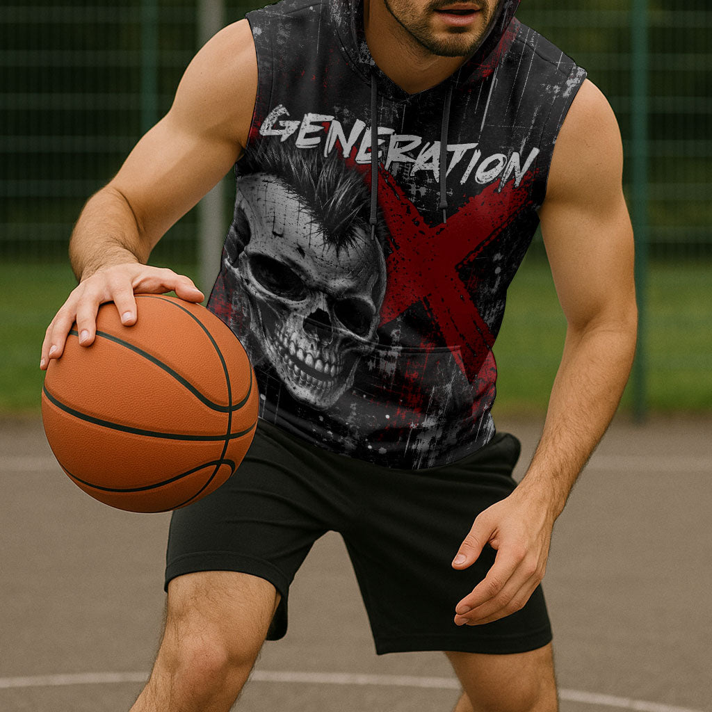 Generation X Mohawk Skull Sleeveless Hoodie Distressed Punk Rock Grunge