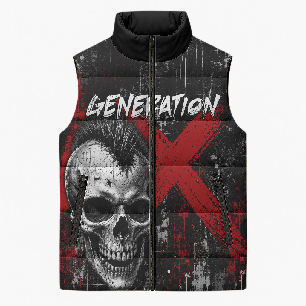 Generation X Mohawk Skull Sleeveless Puffer Jacket Distressed Punk Rock Grunge