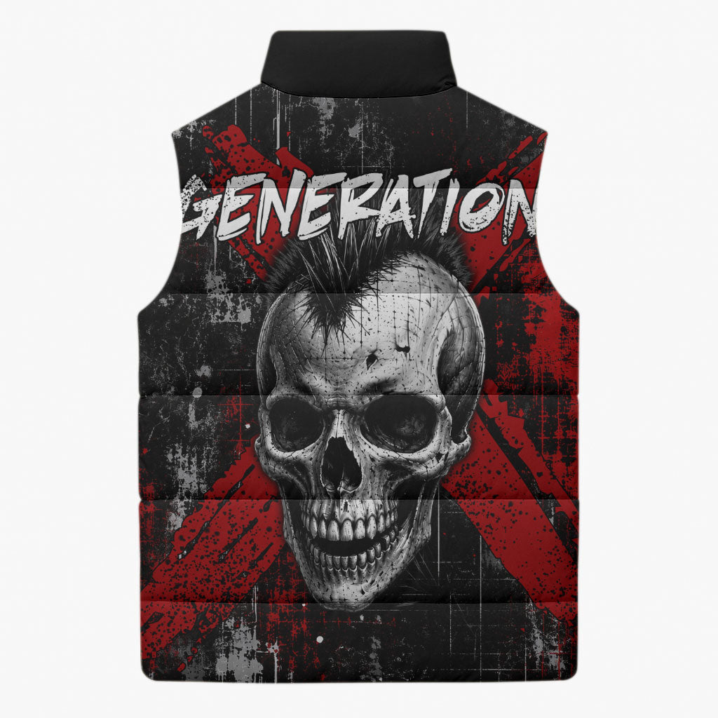 Generation X Mohawk Skull Sleeveless Puffer Jacket Distressed Punk Rock Grunge