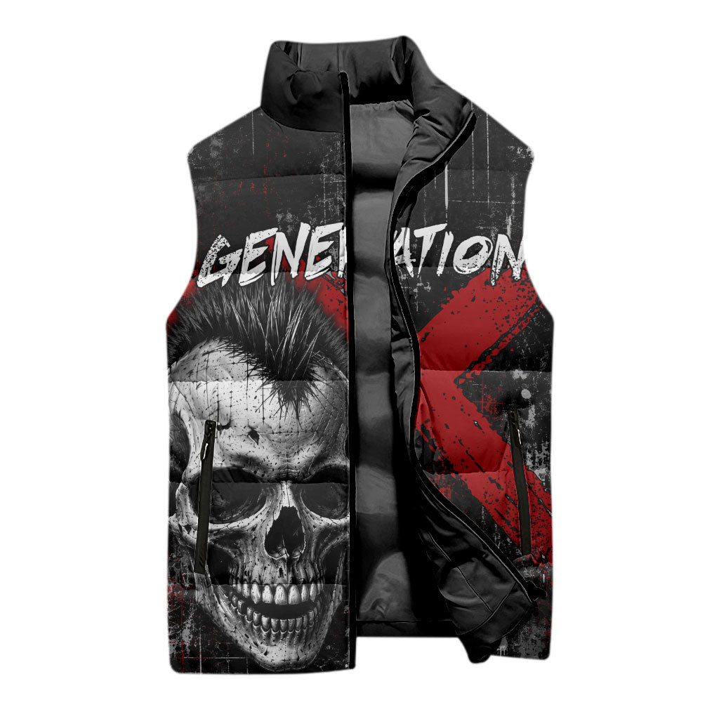 Generation X Mohawk Skull Sleeveless Puffer Jacket Distressed Punk Rock Grunge