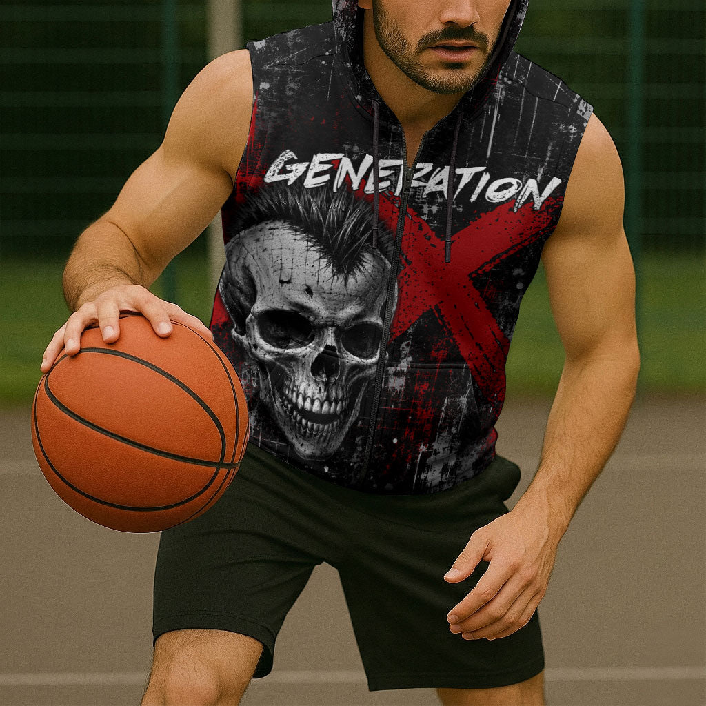 Generation X Mohawk Skull Sleeveless Zip Hoodie Distressed Punk Rock Grunge