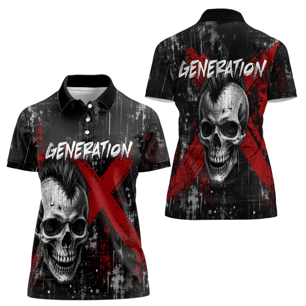 Generation X Mohawk Skull Women Polo Shirt Distressed Punk Rock Grunge