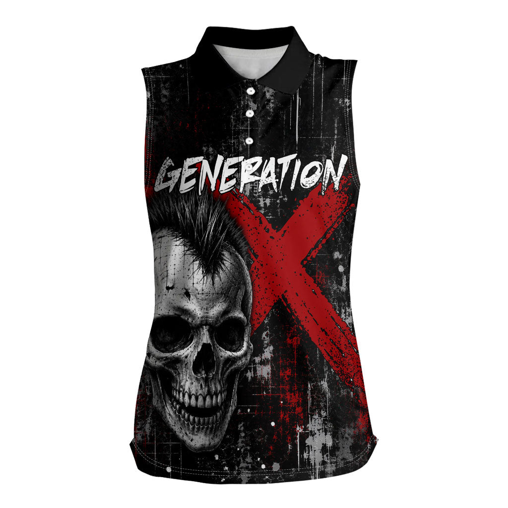Generation X Mohawk Skull Women Sleeveless Polo Shirt Distressed Punk Rock Grunge