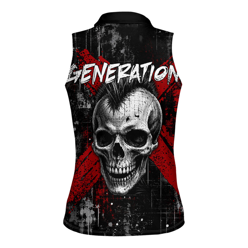 Generation X Mohawk Skull Women Sleeveless Polo Shirt Distressed Punk Rock Grunge