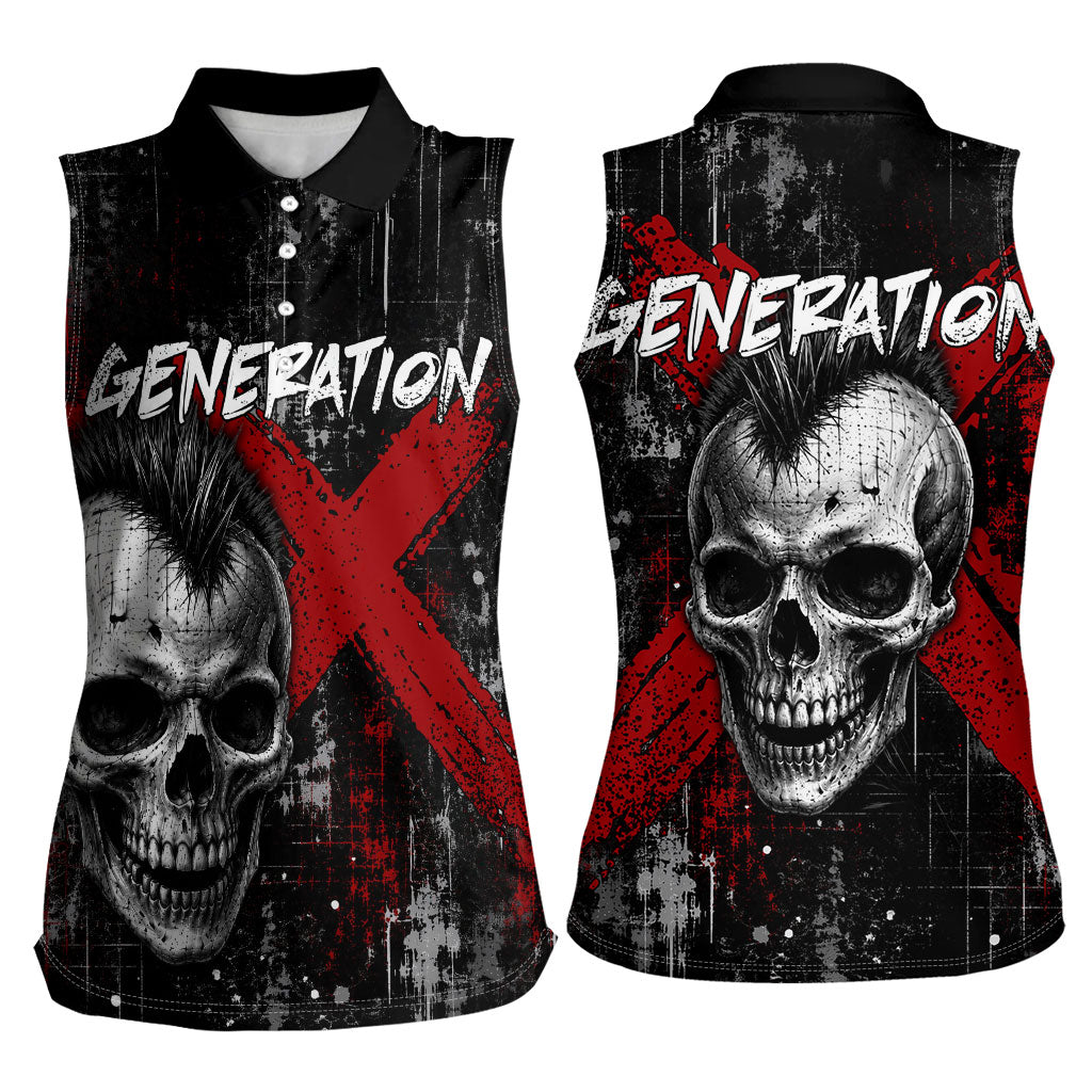 Generation X Mohawk Skull Women Sleeveless Polo Shirt Distressed Punk Rock Grunge