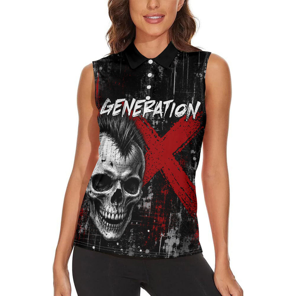 Generation X Mohawk Skull Women Sleeveless Polo Shirt Distressed Punk Rock Grunge