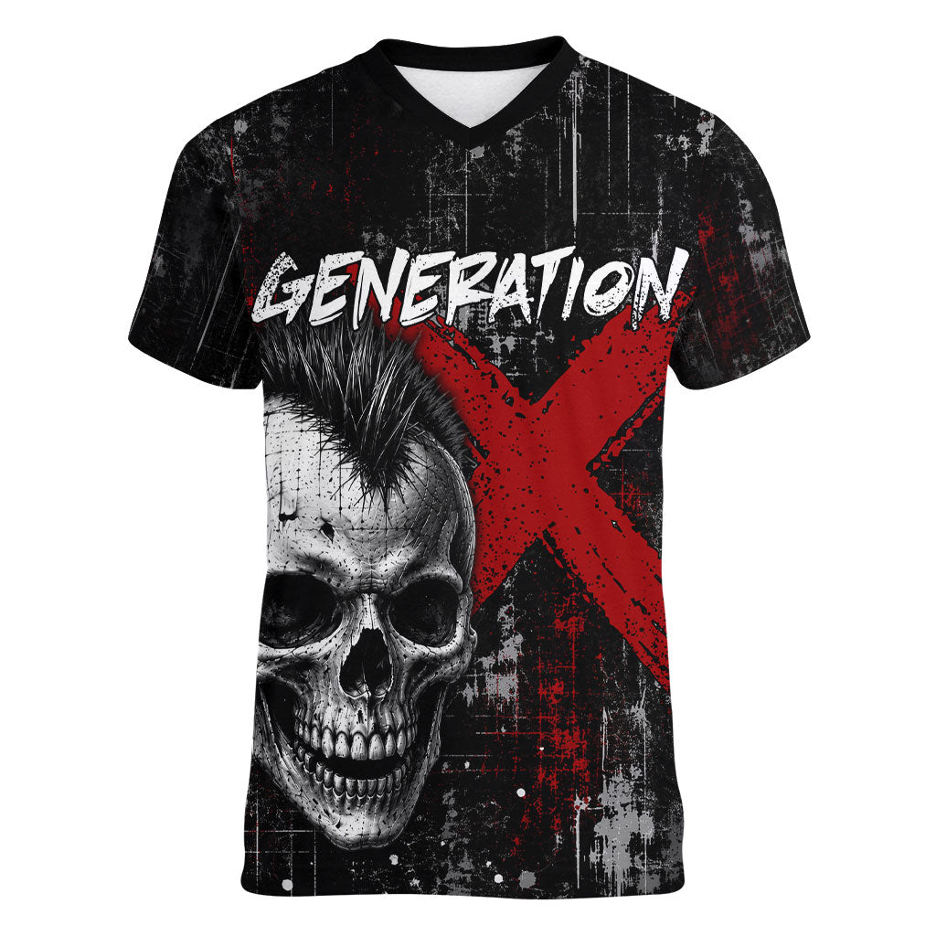 Generation X Mohawk Skull Women V-Neck T-Shirt Distressed Punk Rock Grunge