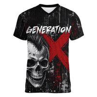 Generation X Mohawk Skull Women V-Neck T-Shirt Distressed Punk Rock Grunge