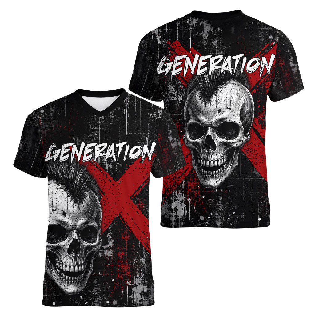 Generation X Mohawk Skull Women V-Neck T-Shirt Distressed Punk Rock Grunge
