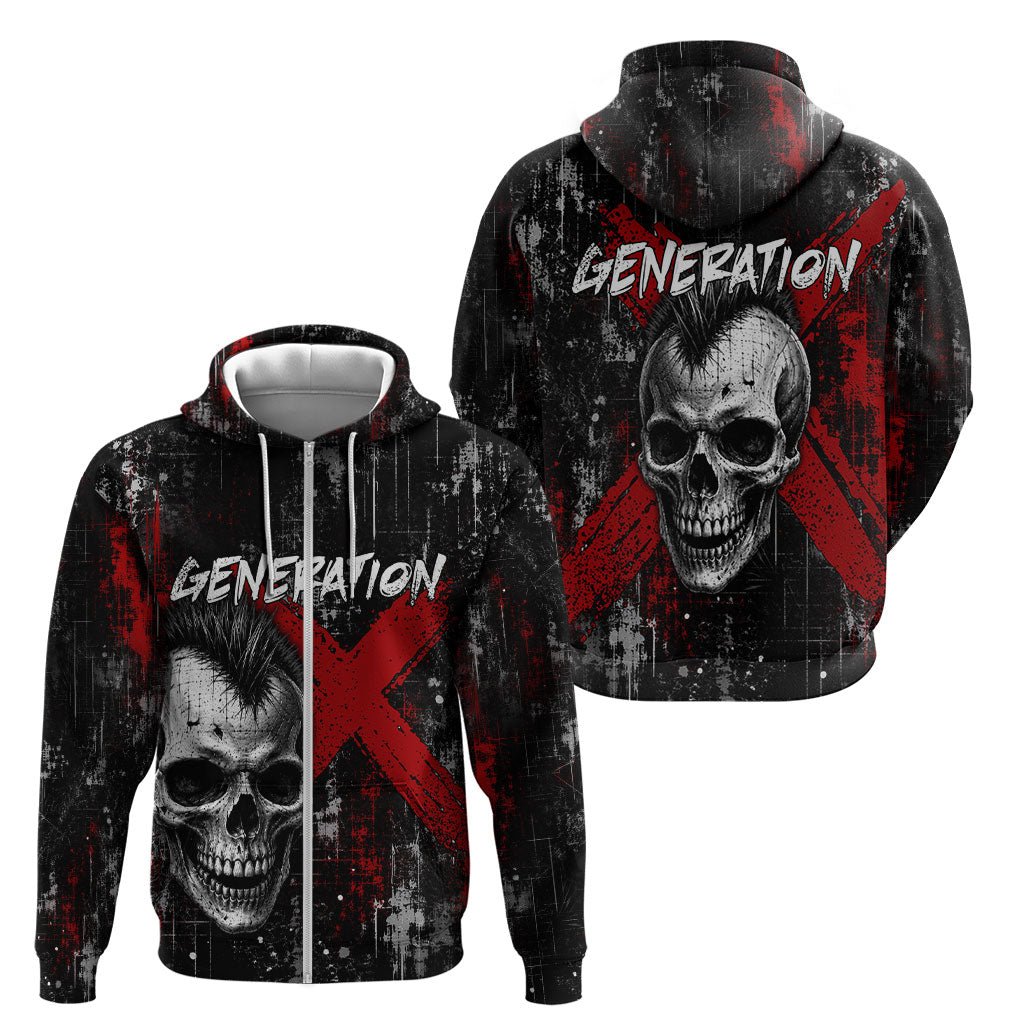 Generation X Mohawk Skull Zip Hoodie Distressed Punk Rock Grunge