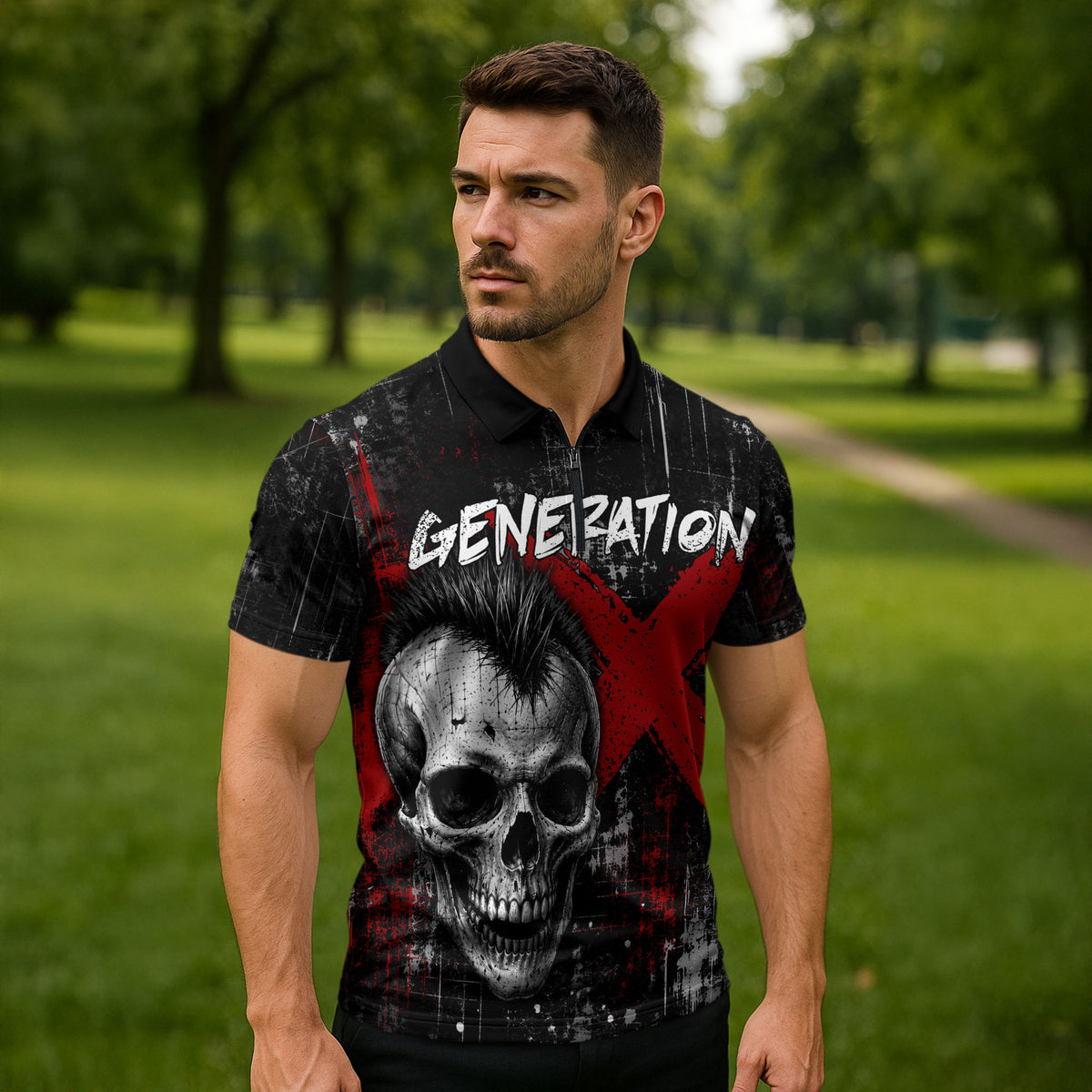 Generation X Mohawk Skull Zipper Polo Shirt Distressed Punk Rock Grunge