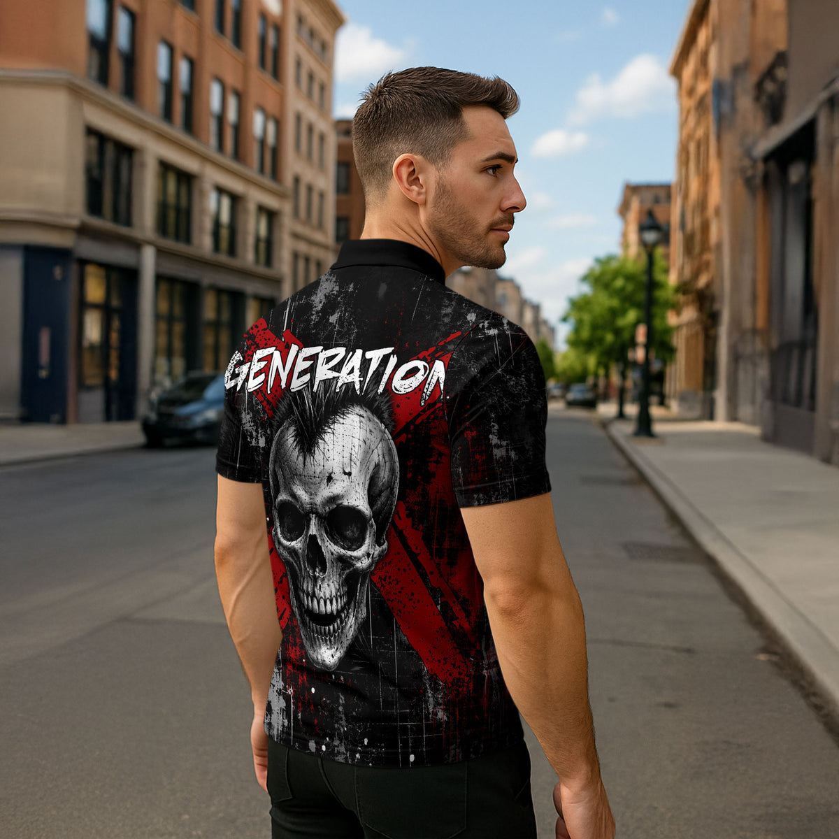 Generation X Mohawk Skull Zipper Polo Shirt Distressed Punk Rock Grunge