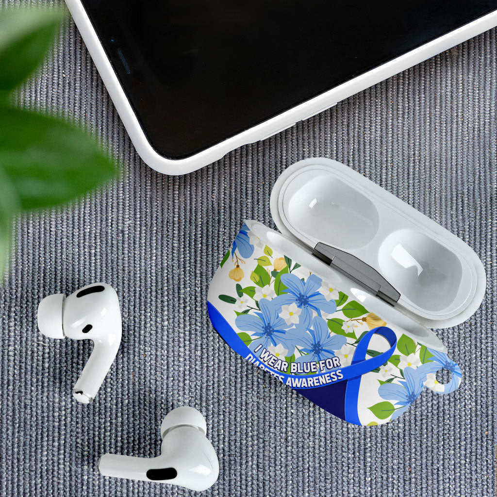 Diabetes Awareness Ribbon AirPods Case Floral Blue Ribbon World Map