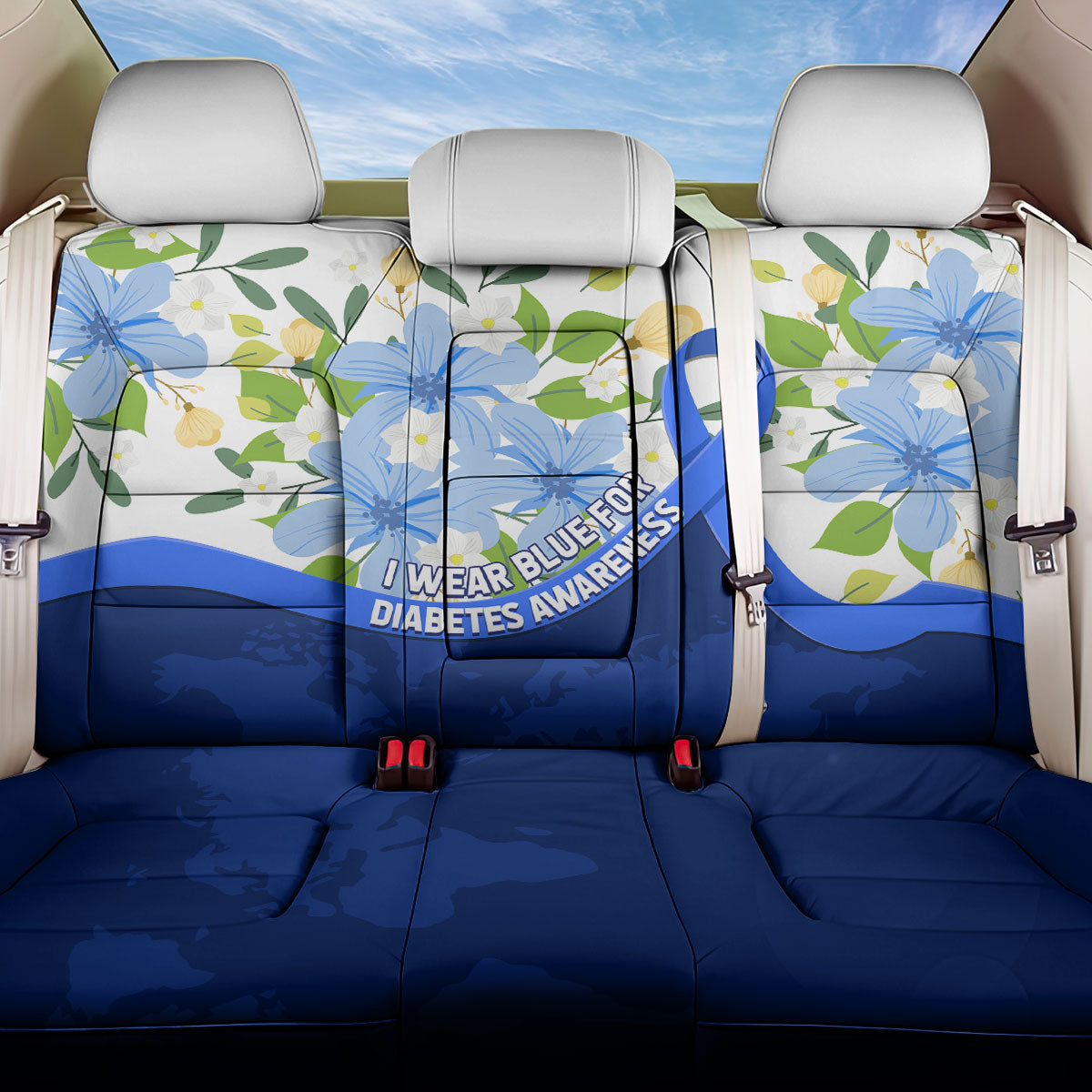 Diabetes Awareness Ribbon Back Car Seat Cover Floral Blue Ribbon World Map