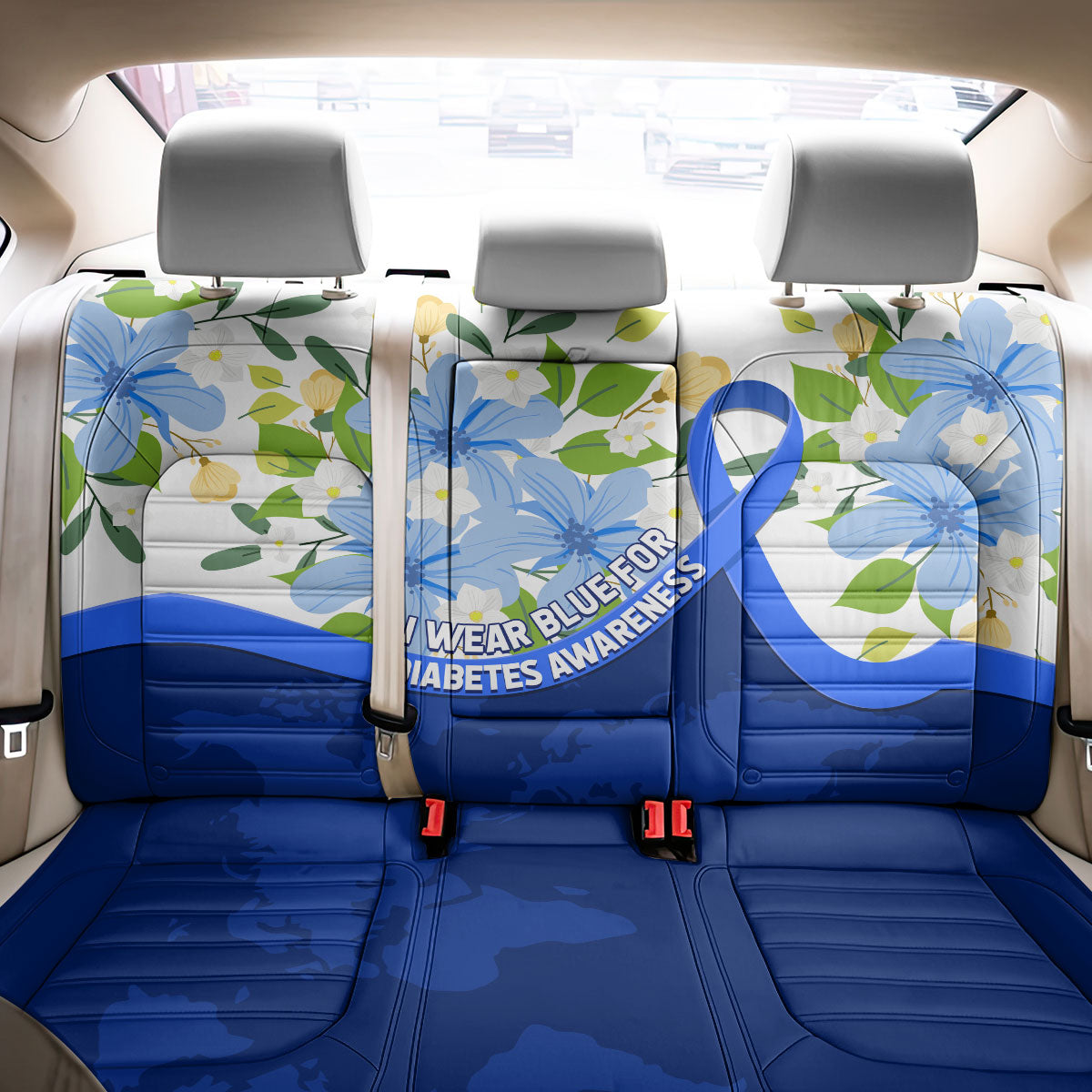 Diabetes Awareness Ribbon Back Car Seat Cover Floral Blue Ribbon World Map