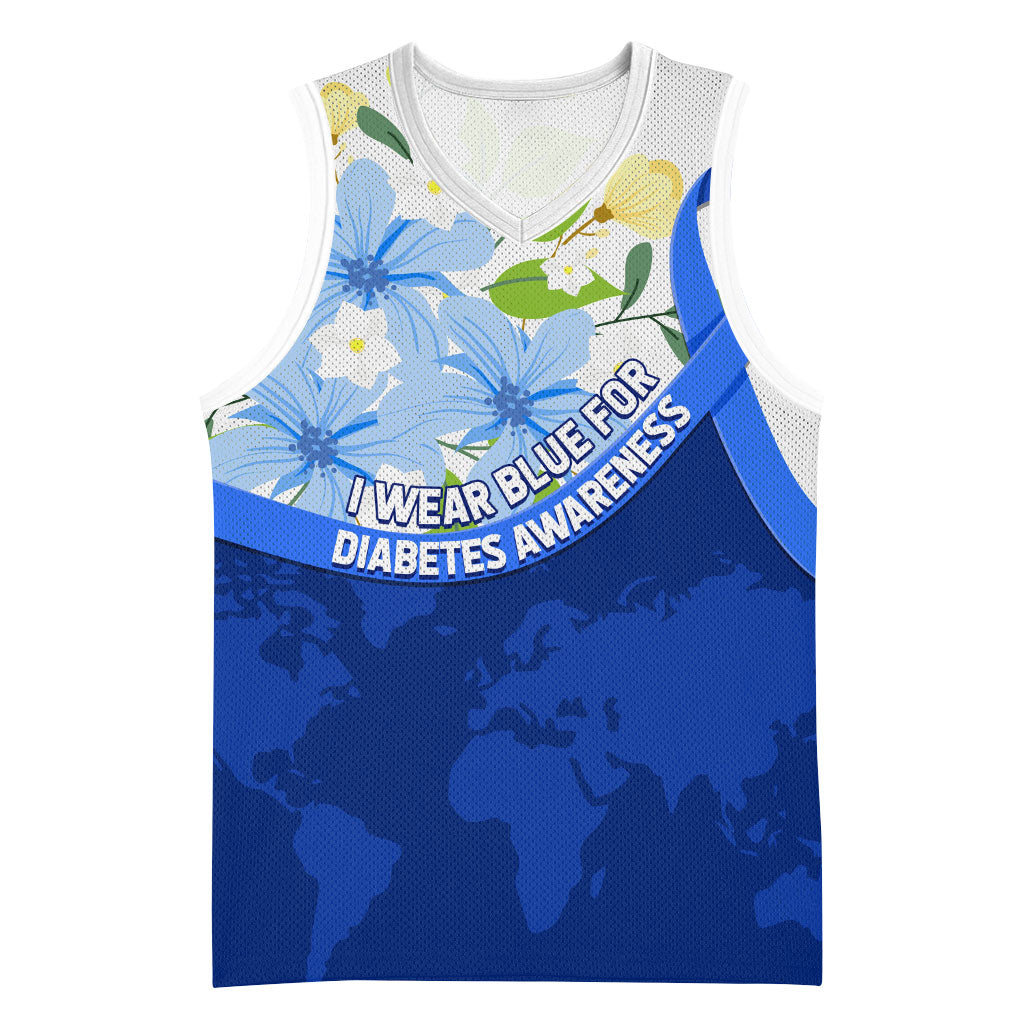 Diabetes Awareness Ribbon Basketball Jersey Floral Blue Ribbon World Map