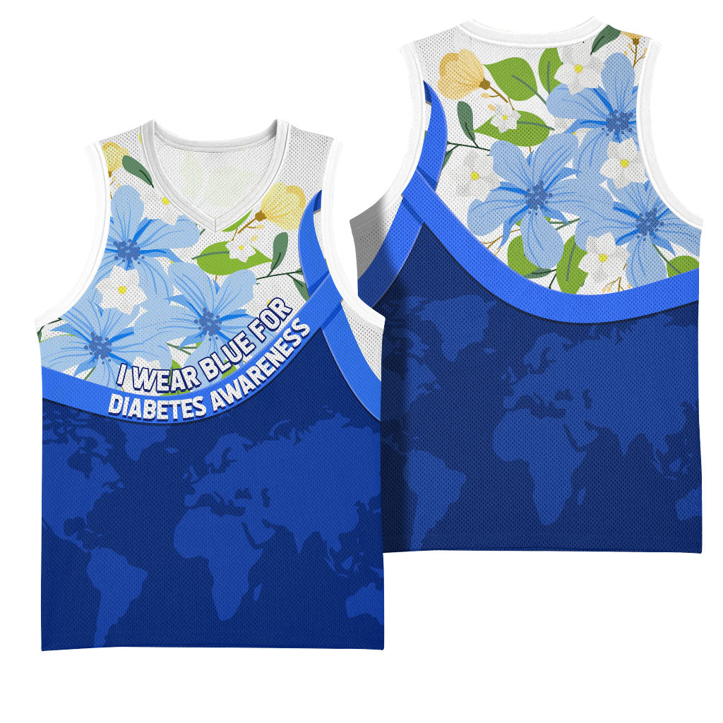 Diabetes Awareness Ribbon Basketball Jersey Floral Blue Ribbon World Map