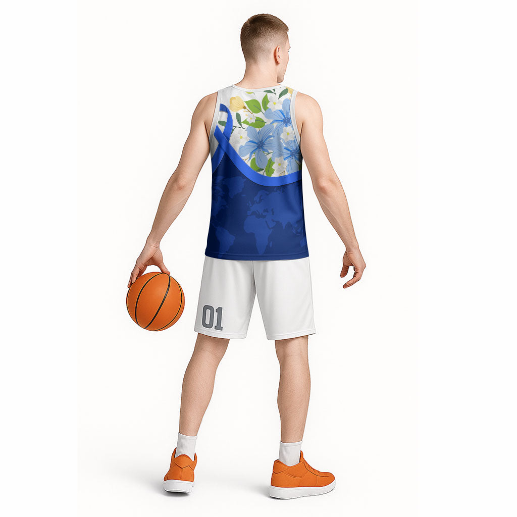 Diabetes Awareness Ribbon Basketball Jersey Floral Blue Ribbon World Map