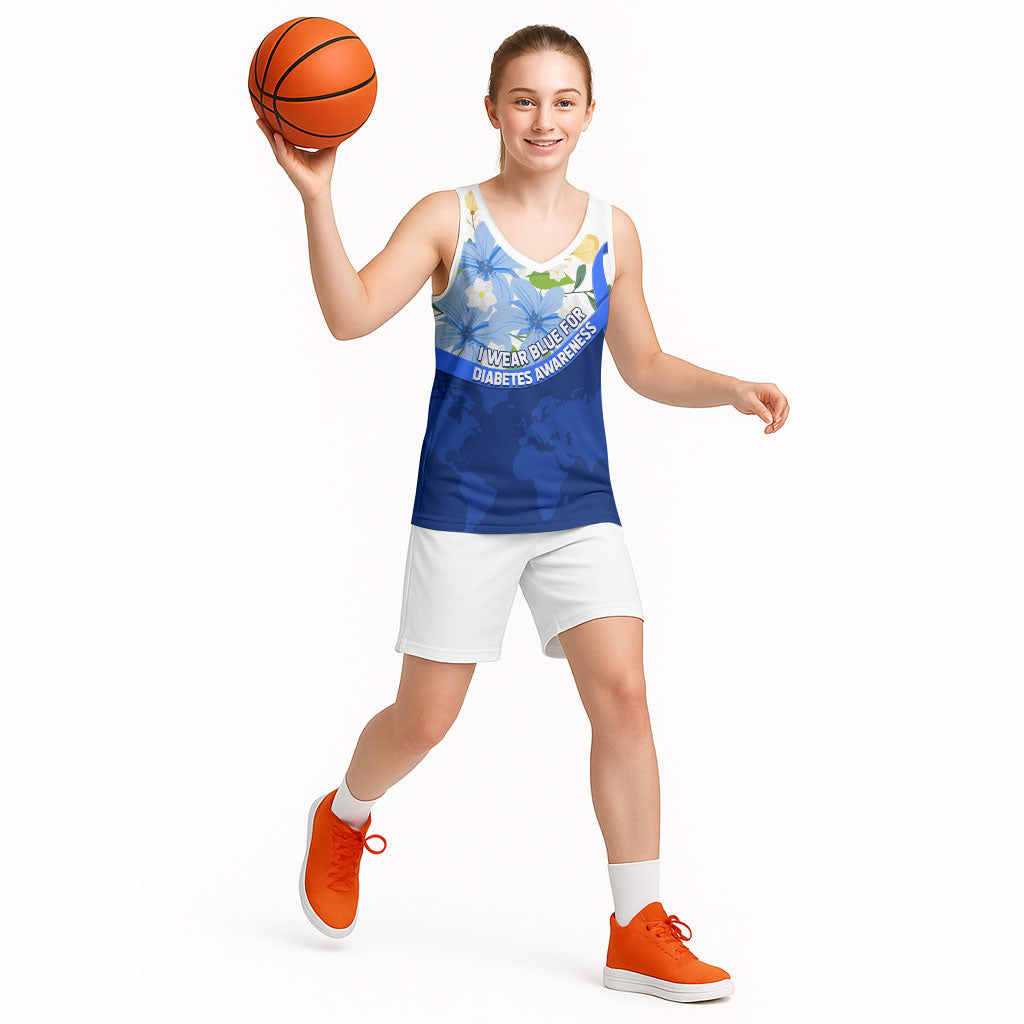 Diabetes Awareness Ribbon Basketball Jersey Floral Blue Ribbon World Map