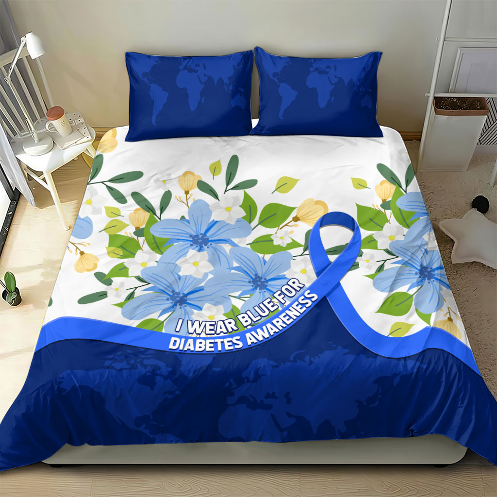 Diabetes Awareness Ribbon Bedding Set Floral Blue Ribbon World Map