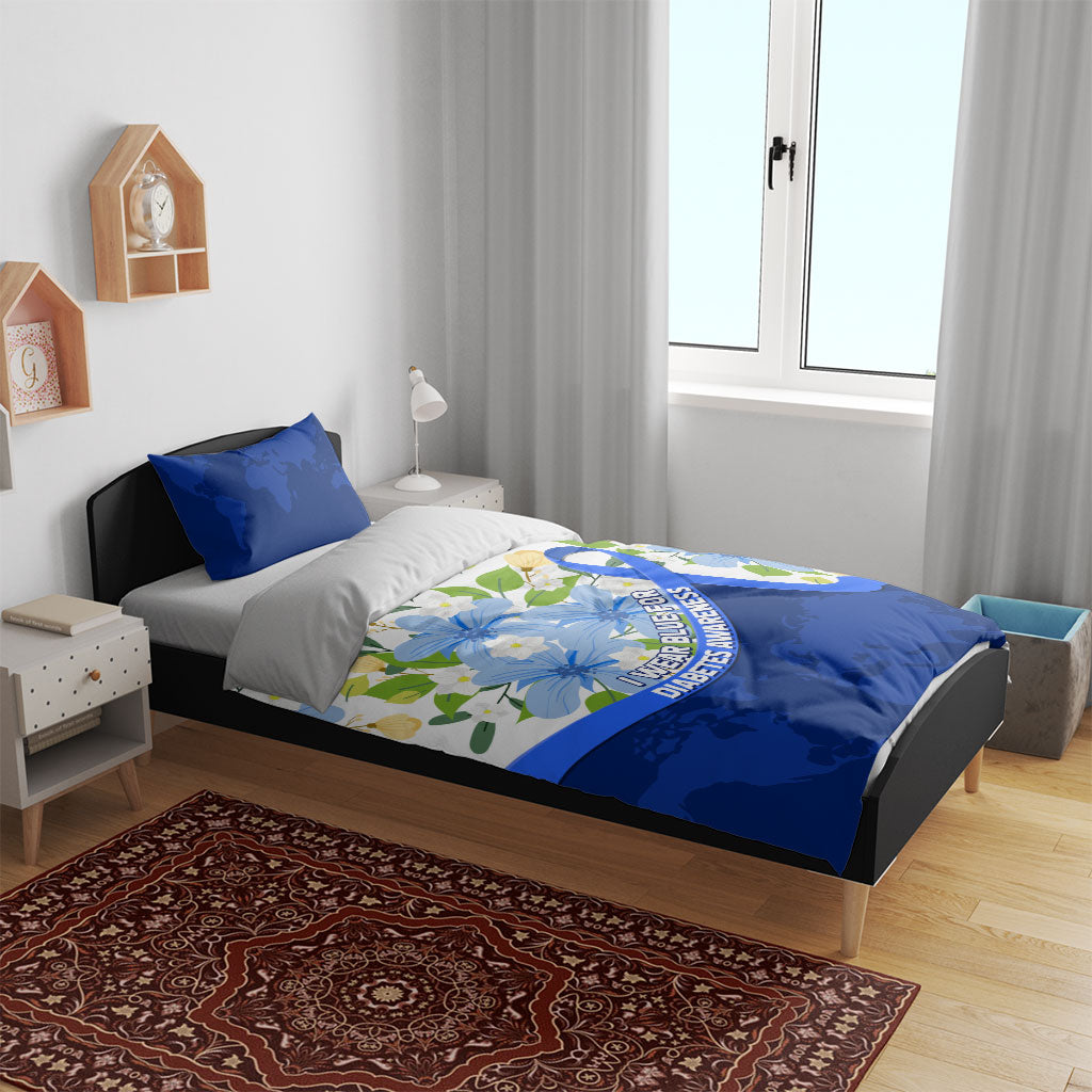 Diabetes Awareness Ribbon Bedding Set Floral Blue Ribbon World Map