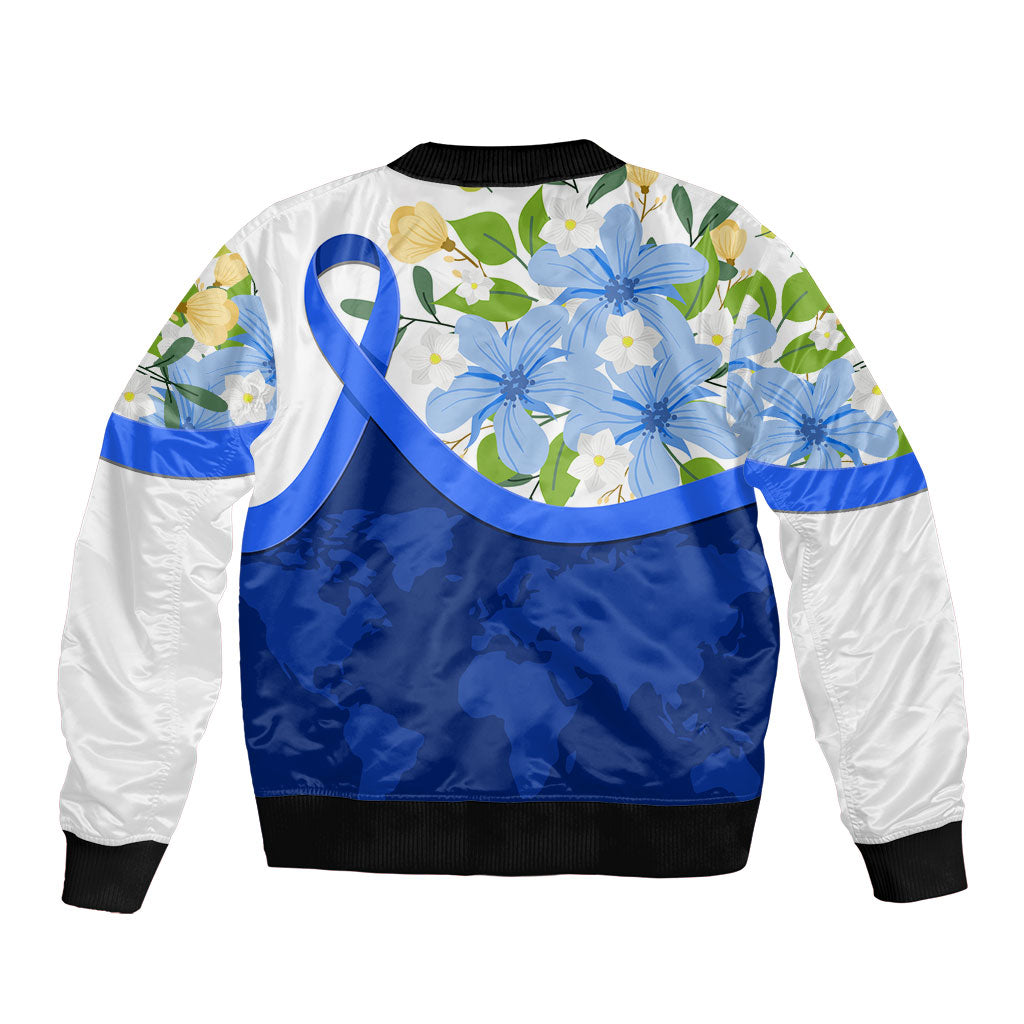 Diabetes Awareness Ribbon Bomber Jacket Floral Blue Ribbon World Map