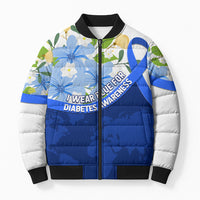 Diabetes Awareness Ribbon Bomber Puffer Jacket Floral Blue Ribbon World Map
