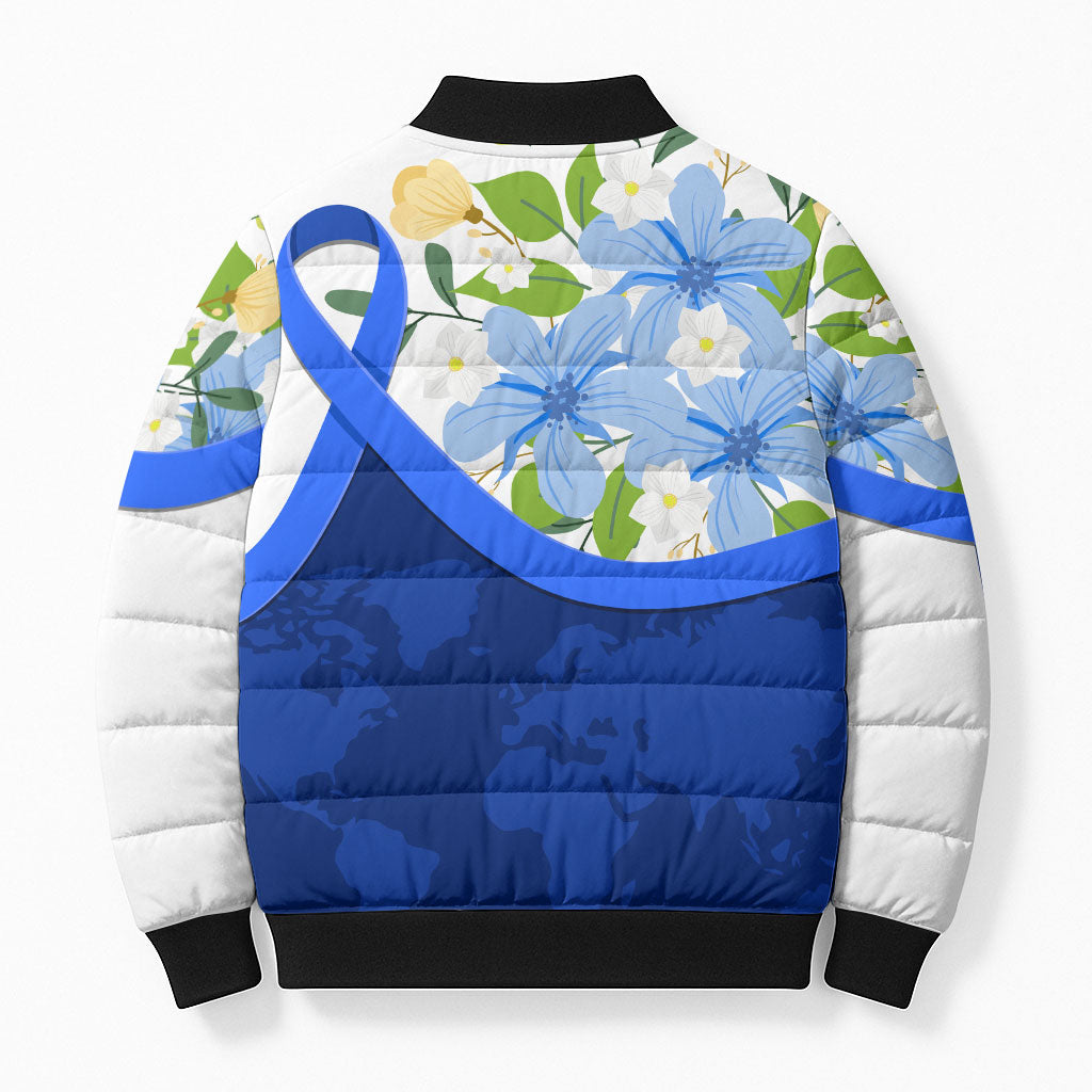 Diabetes Awareness Ribbon Bomber Puffer Jacket Floral Blue Ribbon World Map