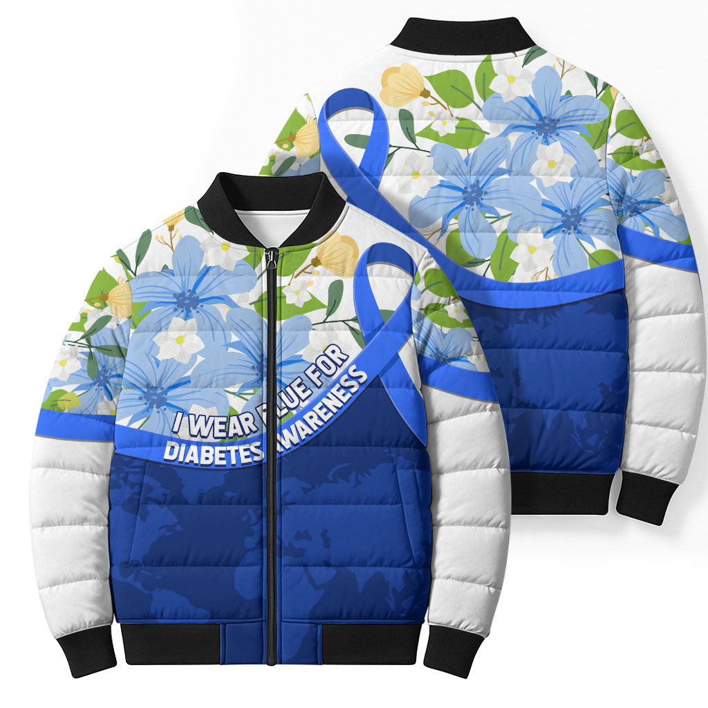 Diabetes Awareness Ribbon Bomber Puffer Jacket Floral Blue Ribbon World Map