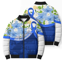 Diabetes Awareness Ribbon Bomber Puffer Jacket Floral Blue Ribbon World Map