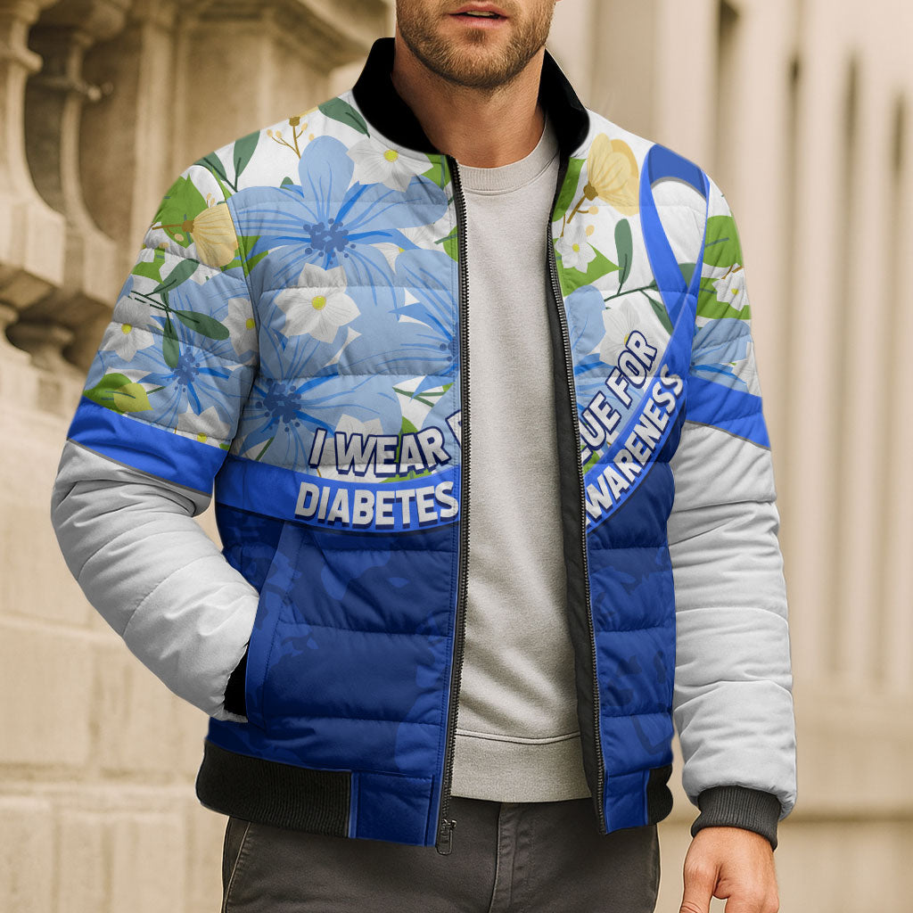 Diabetes Awareness Ribbon Bomber Puffer Jacket Floral Blue Ribbon World Map