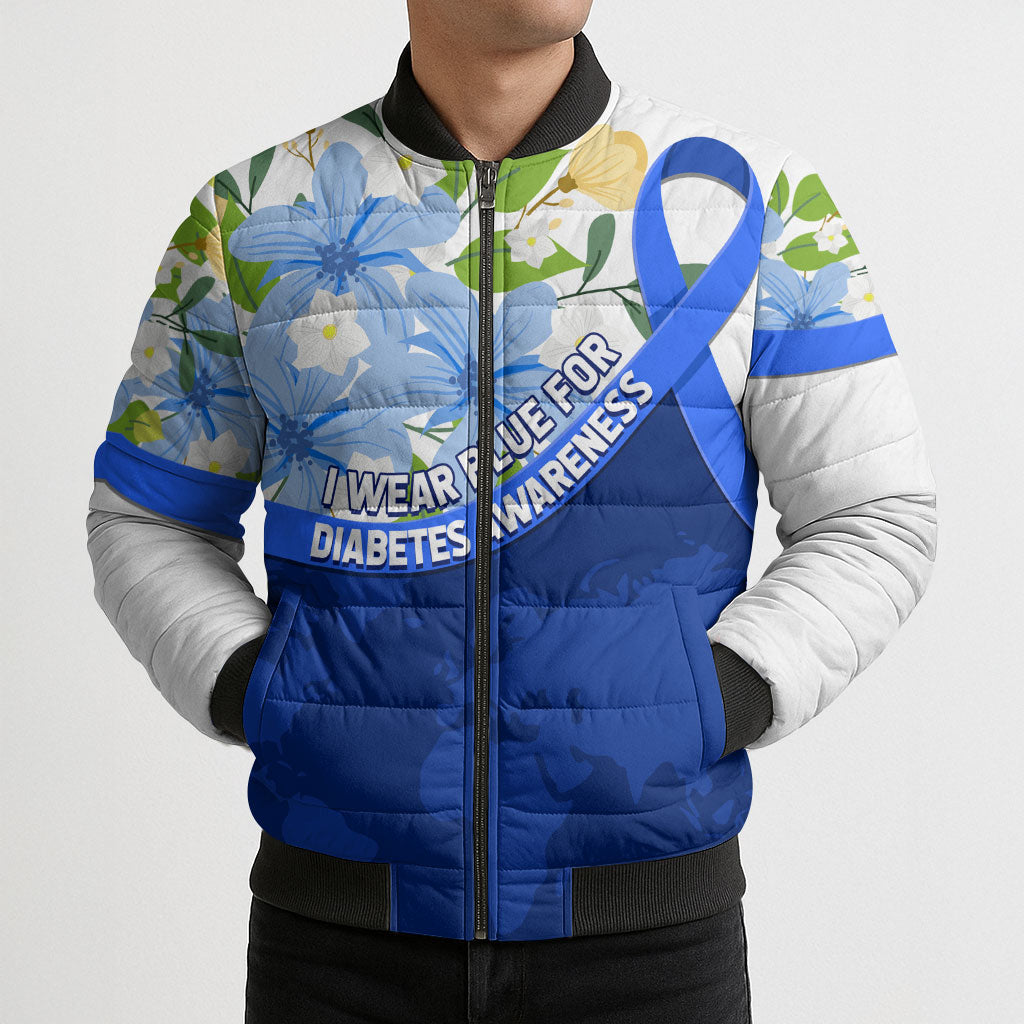 Diabetes Awareness Ribbon Bomber Puffer Jacket Floral Blue Ribbon World Map
