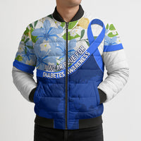 Diabetes Awareness Ribbon Bomber Puffer Jacket Floral Blue Ribbon World Map
