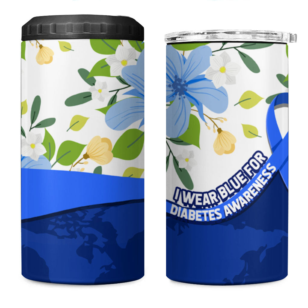 Diabetes Awareness Ribbon 4 in 1 Can Cooler Tumbler Floral Blue Ribbon World Map