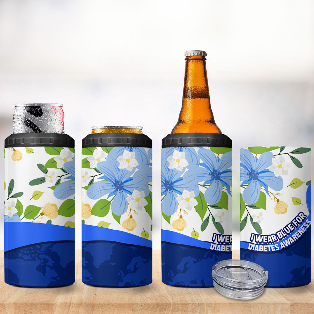 Diabetes Awareness Ribbon 4 in 1 Can Cooler Tumbler Floral Blue Ribbon World Map